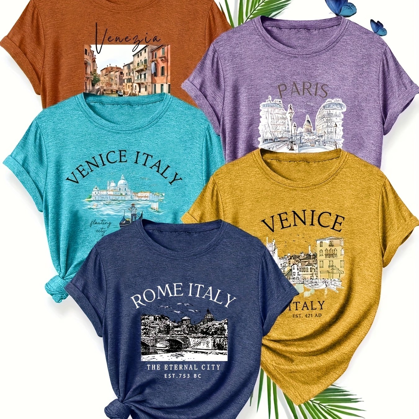 Women’s Cotton Casual T-Shirts, Floral & Butterfly Prints, Short Sleeve, Pack of 5