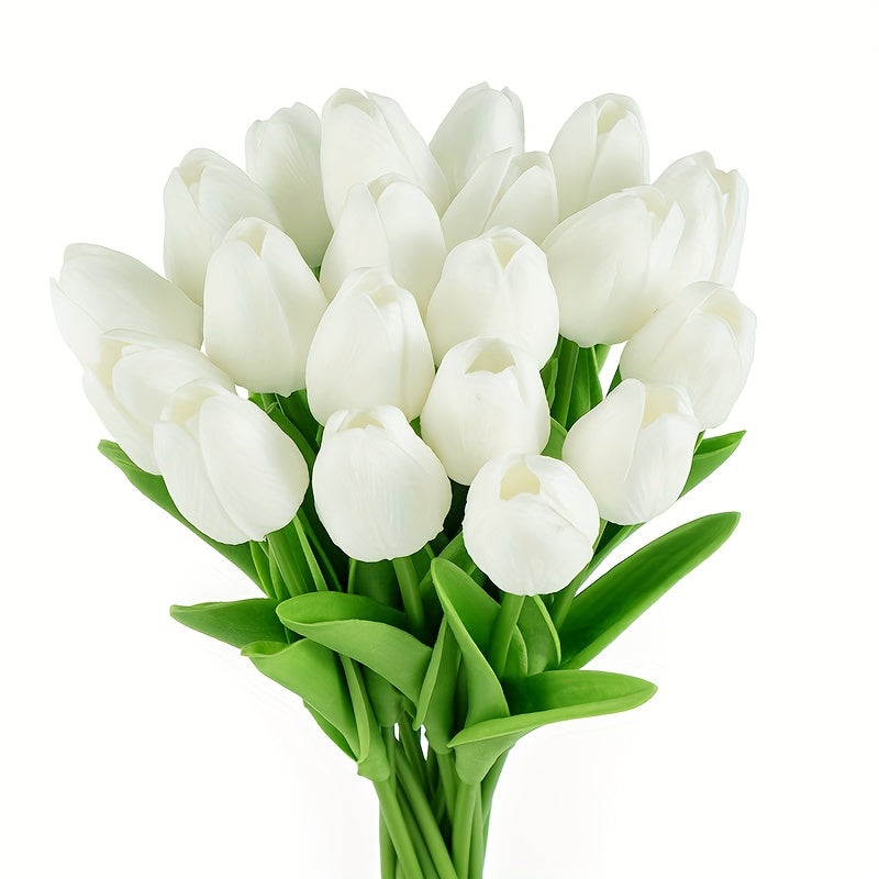 Artificial White Tulip Flowers with Green Leaves for Weddings Home Decor Set of 10