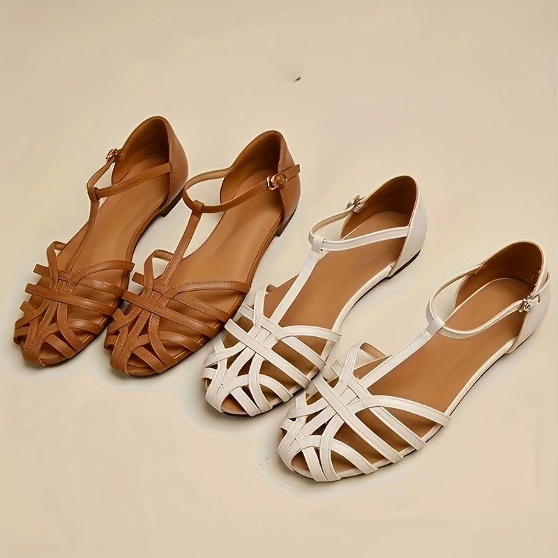 Women’s Beige Synthetic Roman Sandals with Flat Heel and Crisscross Straps