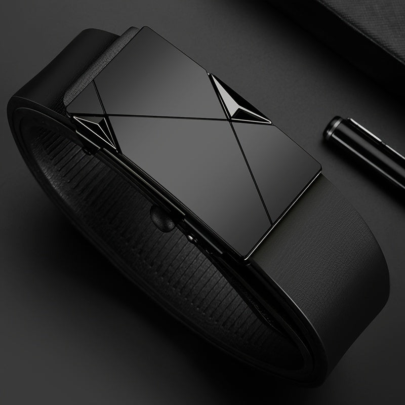 Men's Black Faux Leather Belt with Automatic Buckle for Business and Casual Use