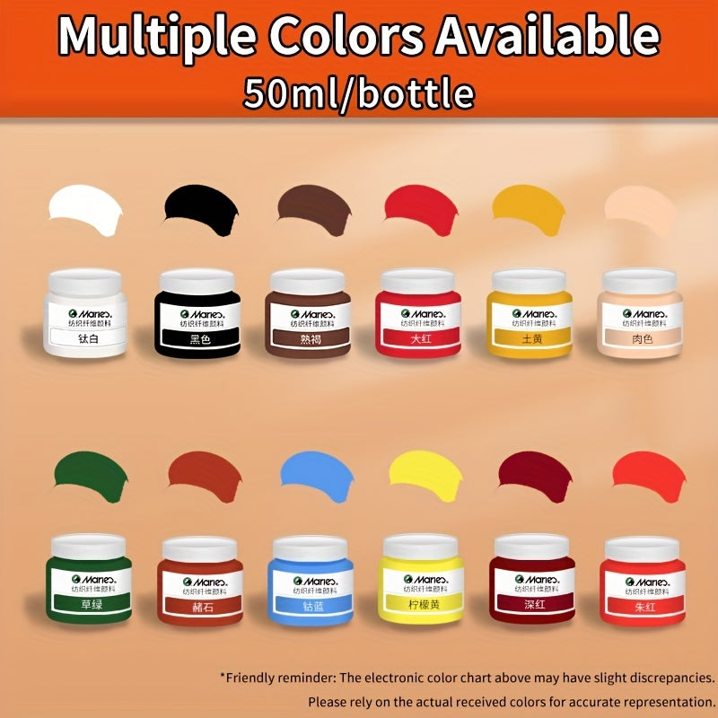 1 shisha Marie's Fabric Paint, 50ml - doimiy kiyim bo'yash uchun 12 rang mavjud. O'rta cho'tka kiritilgan. San'atkorlar va hunarmandlar uchun ideal. T-shirtlar, poyabzallar, jinsilar uchun mos.