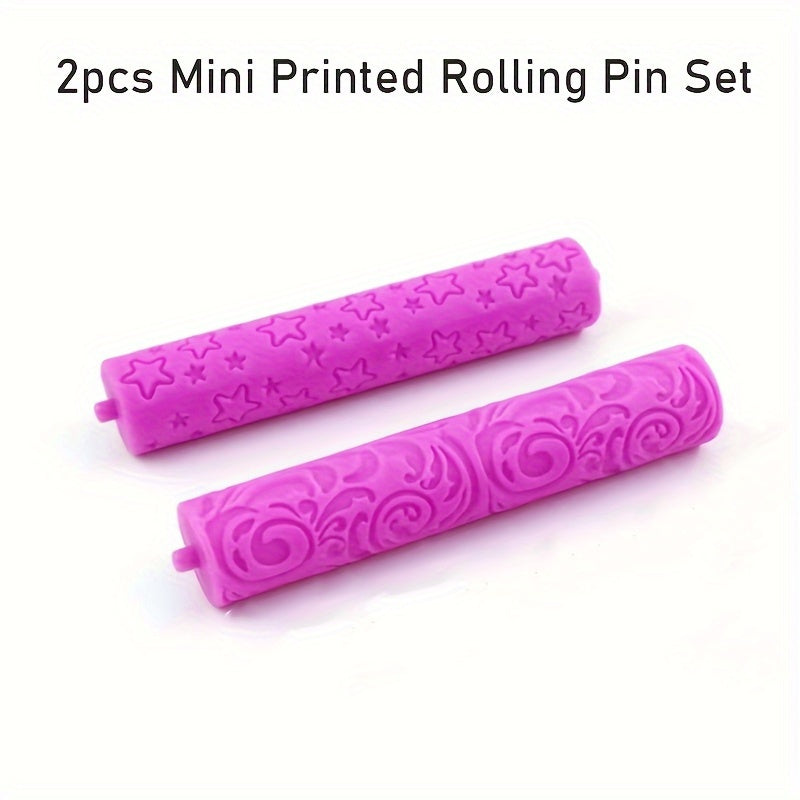 Set of Two Mini Rolling Pins with Star and Swirl Patterns Pink Non-Stick Plastic Baking Fondant Cupcake Decorating