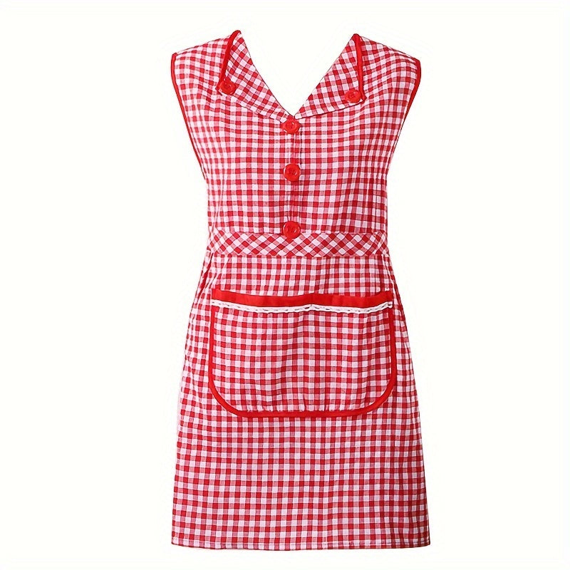 Классный клетчатый хлопковый кухонный фартук с передним карманом, безрукавный фартук в стиле платья с V-образным вырезом из трикотажной ткани, с регулируемым завязкой, модный фартук для женщин, изготовленный из смеси хлопка и полиэстера.