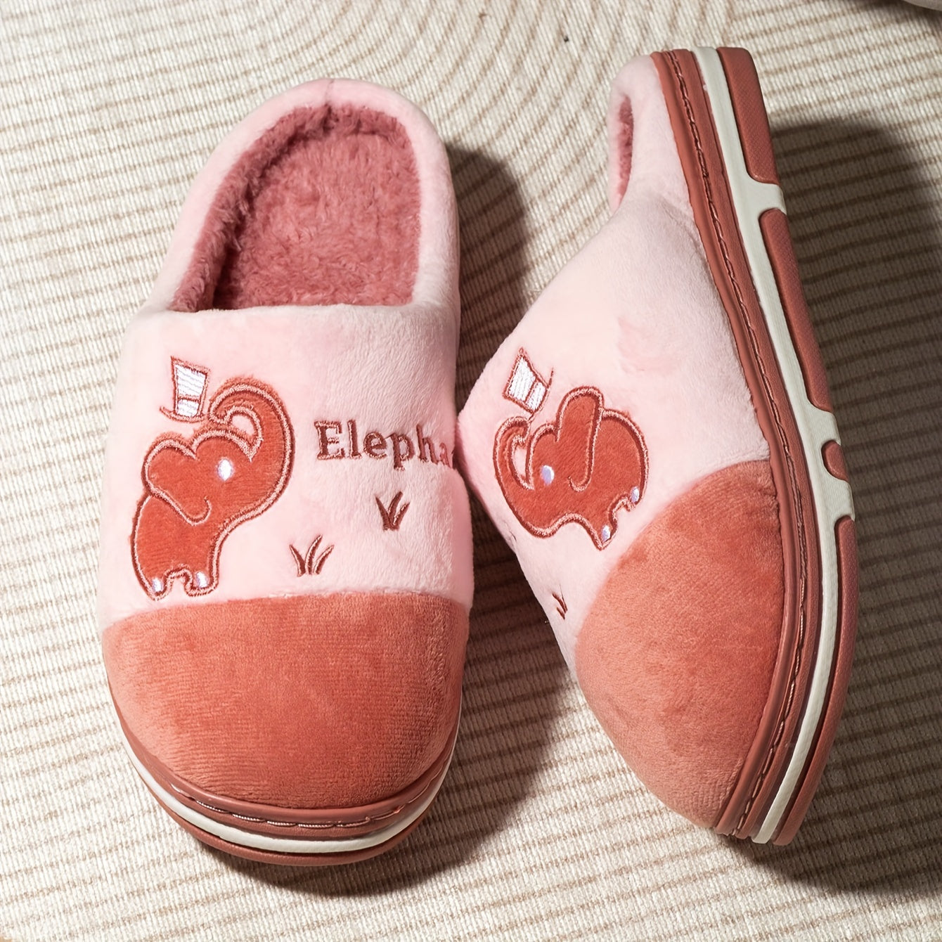 Women's Plush Slip-On Slippers with Elephant Cartoon Soft Fabric Grey Pink