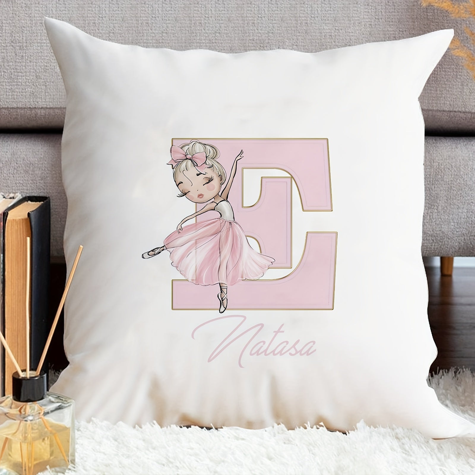 Shaxsiylashtirilgan samoviy yostiq qopqog'i, balet qiz dizayni bilan, pushti harflar, divan uchun dekor, bitta tomonli bosma