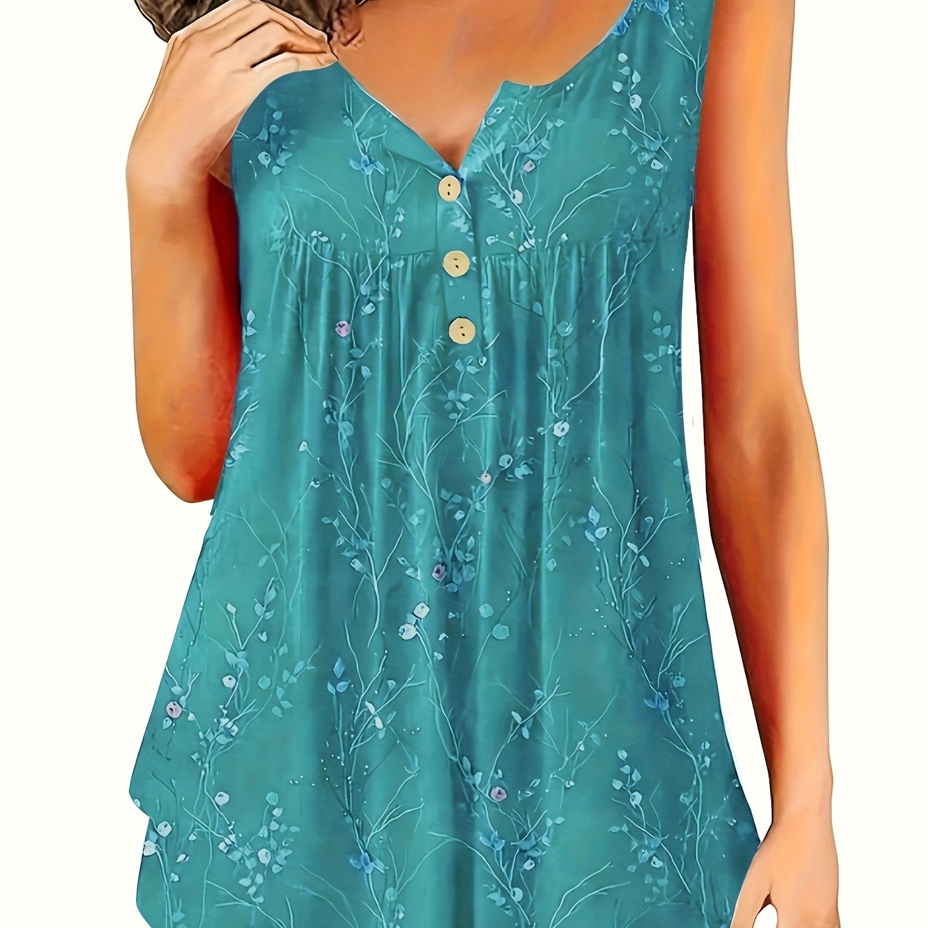 Plus Size Tank Top with Pleats and Button Front for Women