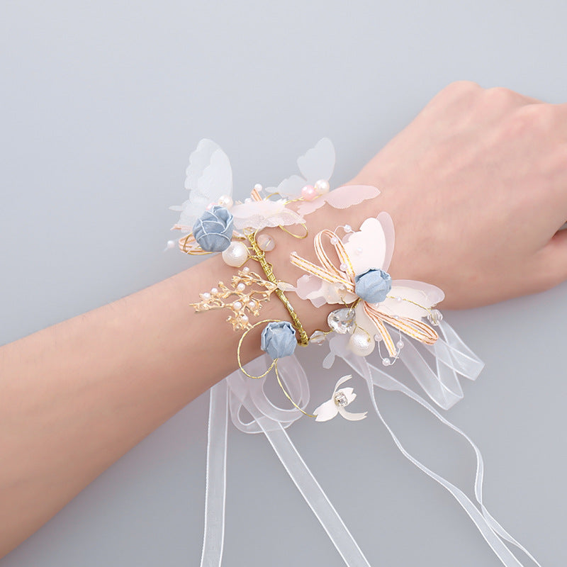 Wedding Wrist Corsages for Brides and Bridesmaids Fabric Flower Ribbon Bracelets