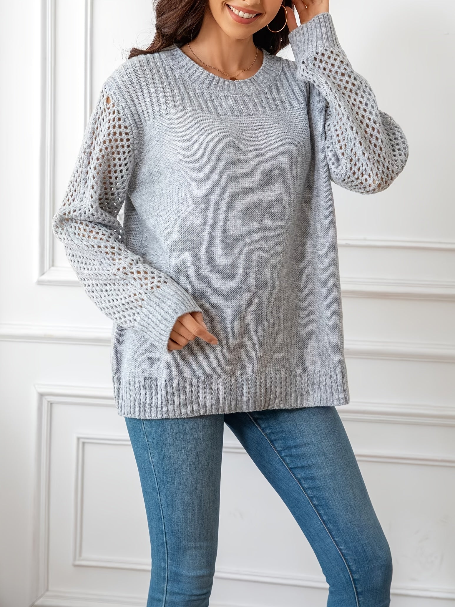 Plus Size Hollow Out Knitted Sweater Casual Long Sleeve Pullover Women