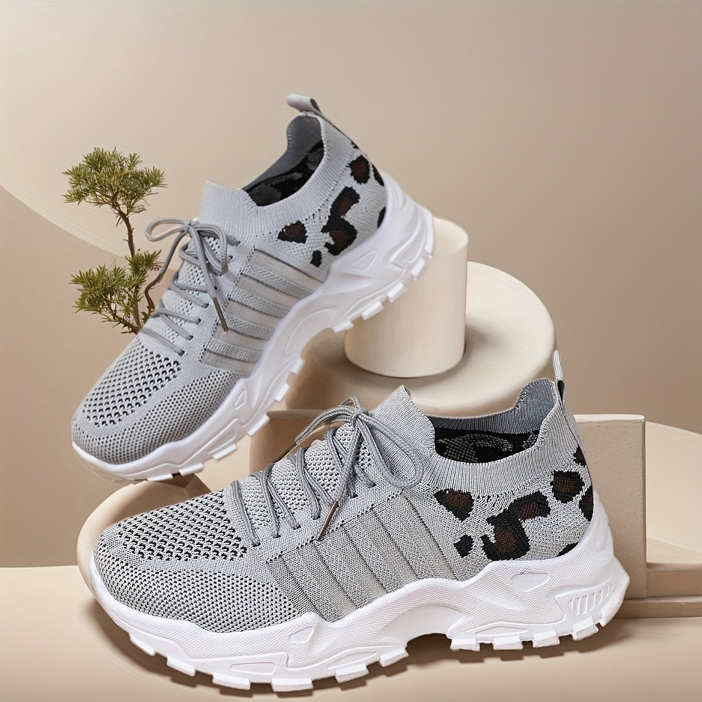 Plus Size Women's Leopard Print Breathable Mesh Sneakers for Walking and Casual Wear