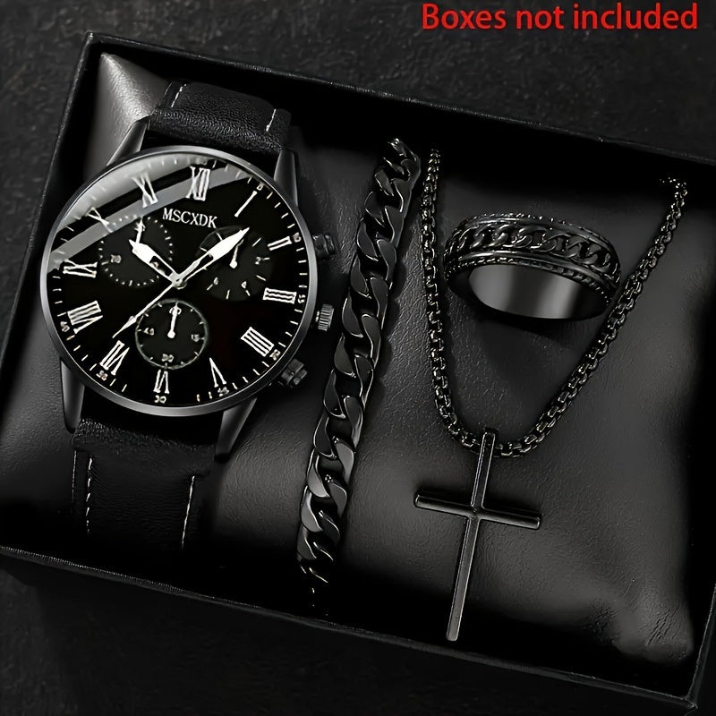 4 ta erkaklar moda soatlari to'plami, mos keladigan zanjir, uzuk va bilaguzuk bilan, faux charm strap, alloy quti, qayta zaryadlanmaydigan batareya