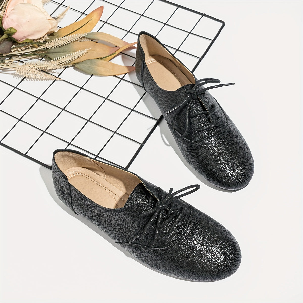 Women’s Microfiber Ballet Flats Solid Color Round Toe Lace Up Black Low Heel Shoes