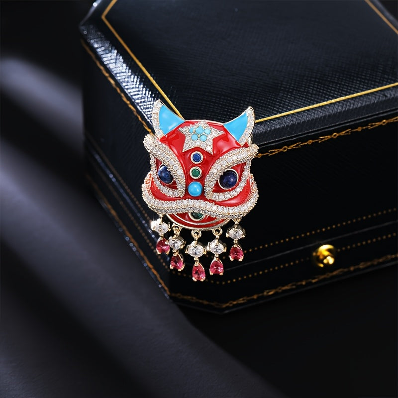 Vintage Chinese Lion Brooch with Glass Rhinestones Animal Lapel Pin Jewelry