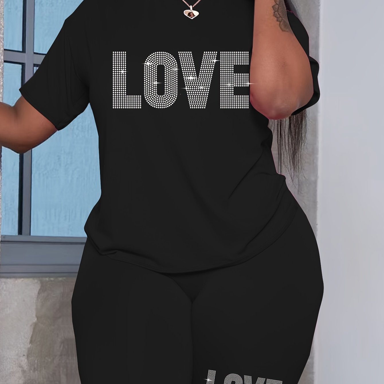 Plus-Size Women's Casual Polyester T-Shirt and Shorts Set with Alphabet Love Print