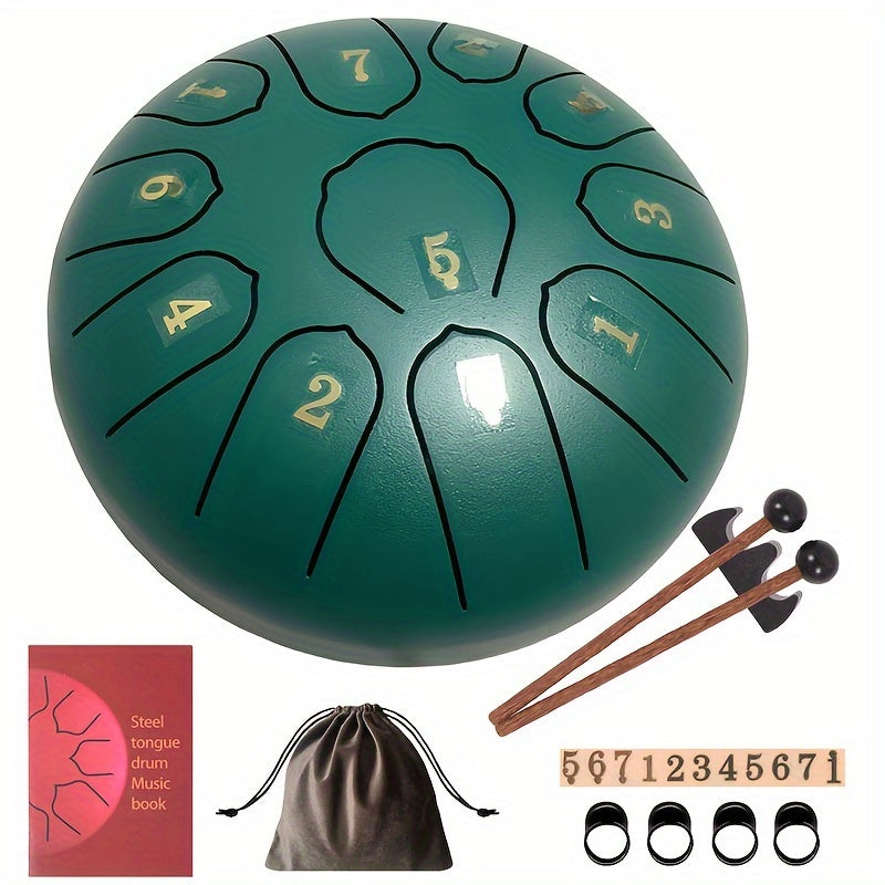 6-Inch 11-Tone Steel Tongue Drum Kit with Bag Mallets Music Book for Meditation Yoga Camping