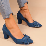 Women's Blue Block Heel Pumps with Rhinestone Bow for Weddings and Parties