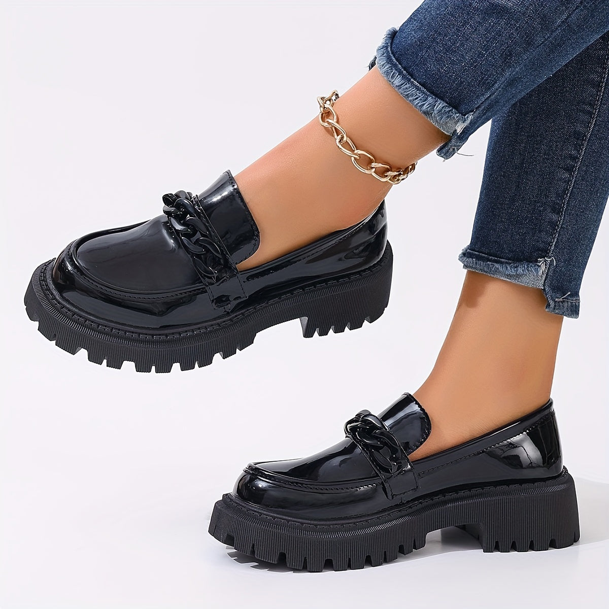 Women’s Black Loafers with Bow Slip-On Platform Casual Shoes