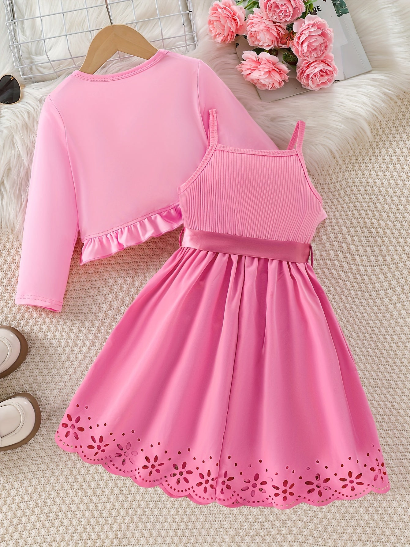 Girls' 2-Piece Dress Set with Frilled Cardigan and Cat Print Cami for Spring Fall Outdoor Activities