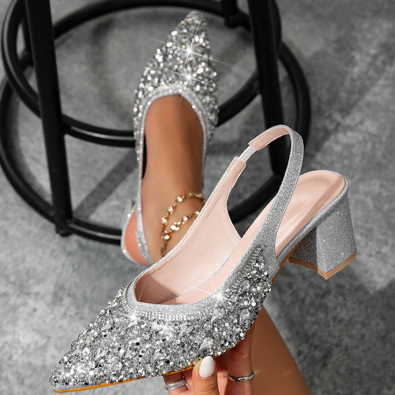 Women’s Pointed Toe Block Heel Shoes with Crystals, 5.5cm, Comfortable Insole