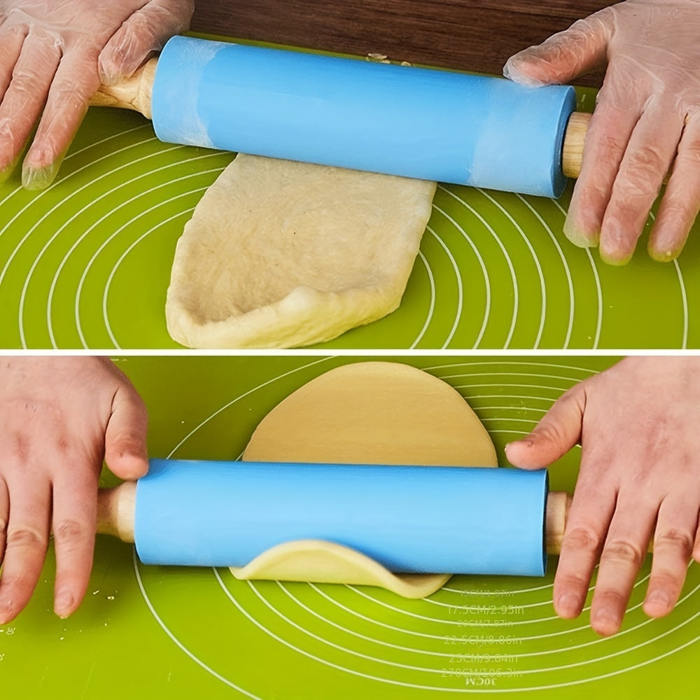 Small Kids Rolling Pin with Wooden Handle and Non-Stick Silicone Dough Roller