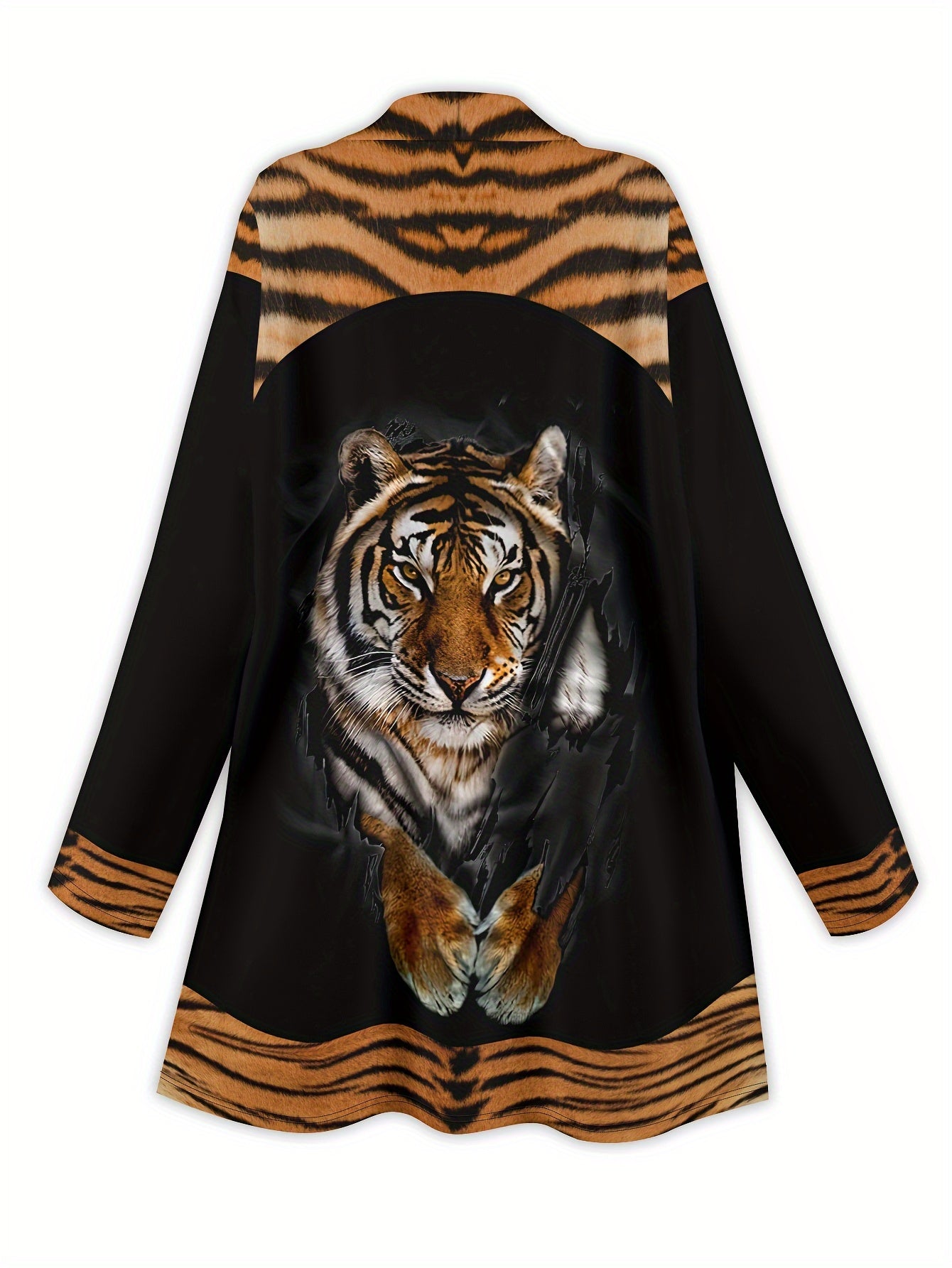 Plus Size Tiger Print Tunic Top Casual Open Front Long Sleeve Shirt for Spring Fall