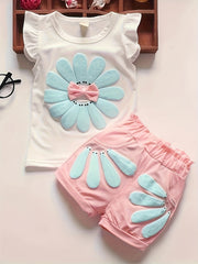 Girls Summer Two-Piece Set Cotton Sunflower Print Top and Shorts Casual Outdoor Wear