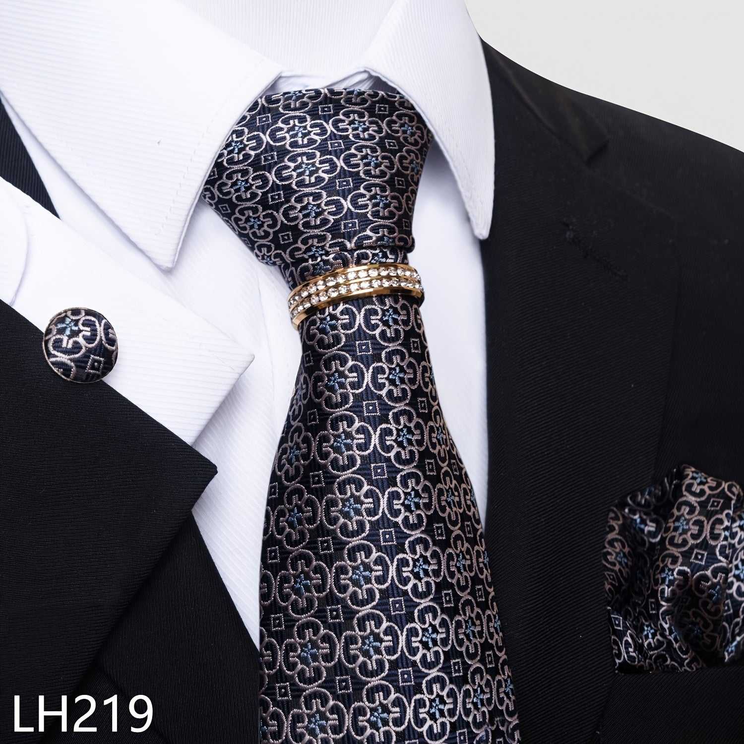 Erkaklar uchun rasmiy ish va to'y kiyimlari to'plami, chiziqli gul naqshli galstuk, cho'ntak sharlari, manşetli kalitlar va uzuk bilan