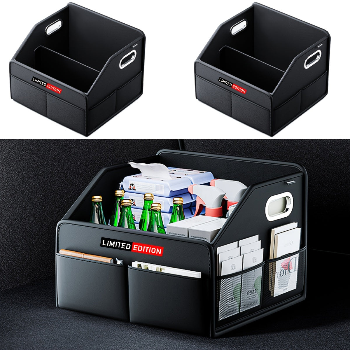 Black PU Leather Car Trunk Organizer Foldable Storage Box with Handles