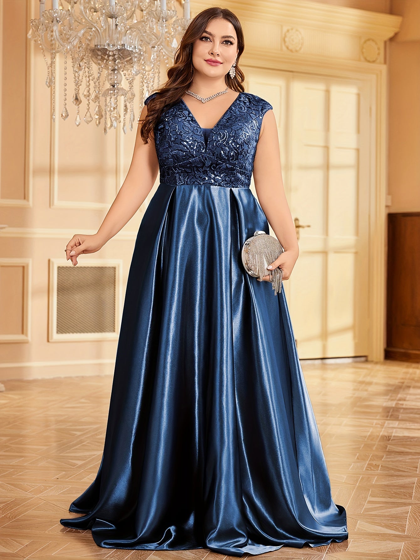 Women’s Sequin Bridesmaid Gown V-Neck Party Dress Plus Size