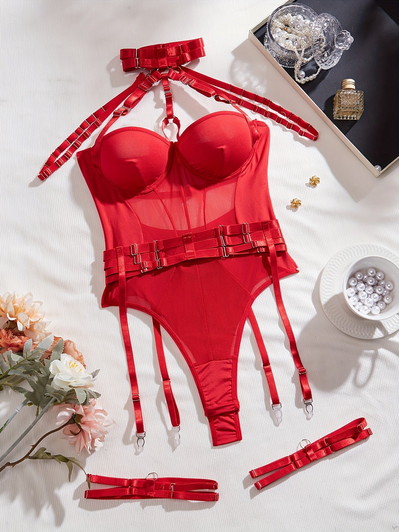 Body de encaje sexy europeo y americano con costura cruzada y correa colgante para el cuello