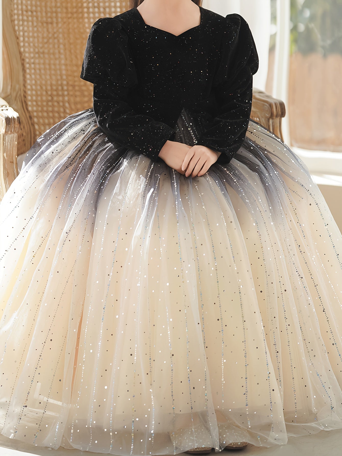 Girls' Long Sleeve Princess Dress with Contrast Sequin Solid Color Winter Romantic Style