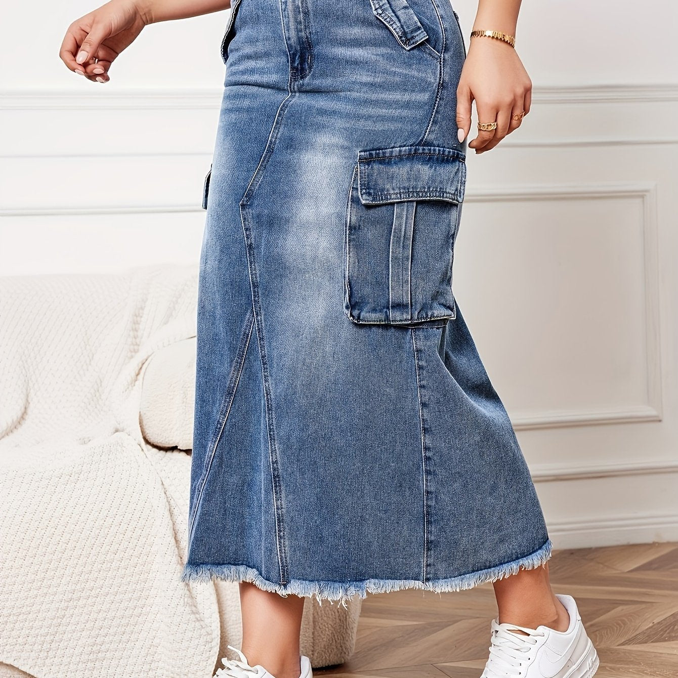 Falda de mezclilla recta de talle alto en azul claro para mujer con bolsillos