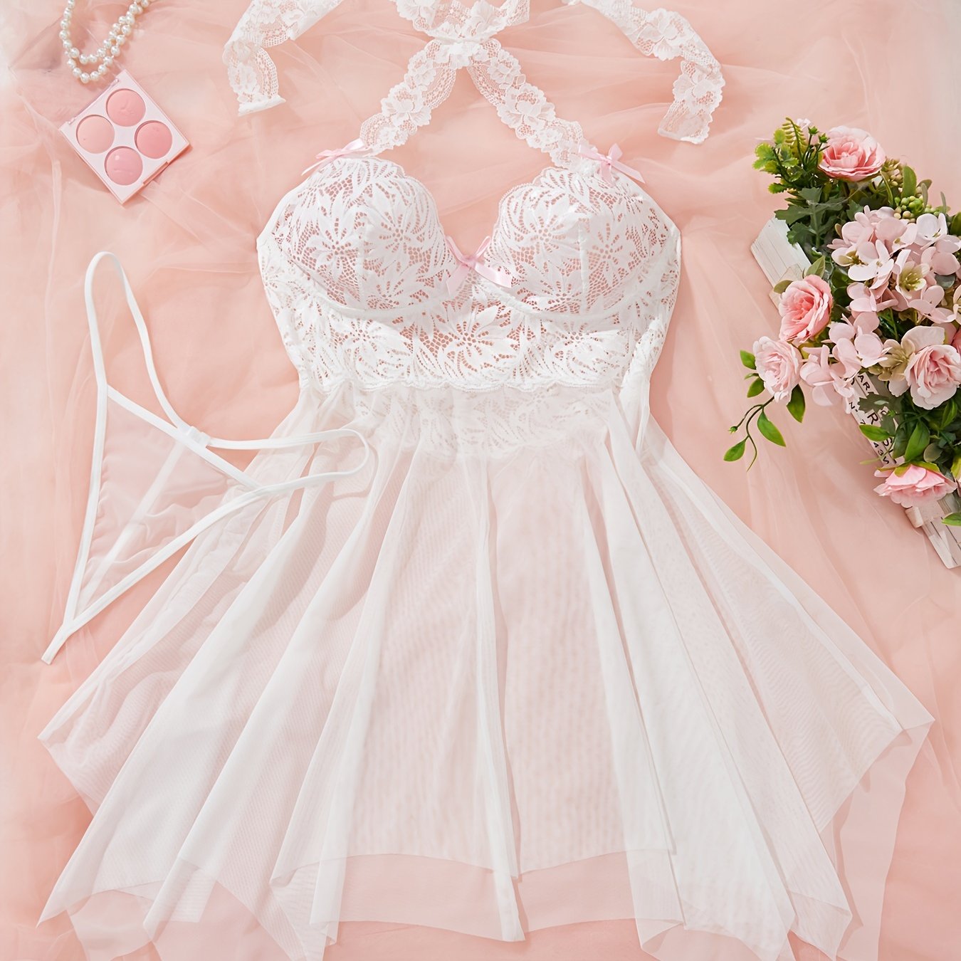 Women's See-Through Mesh Lace Lingerie Set with Deep V Dress and Thong