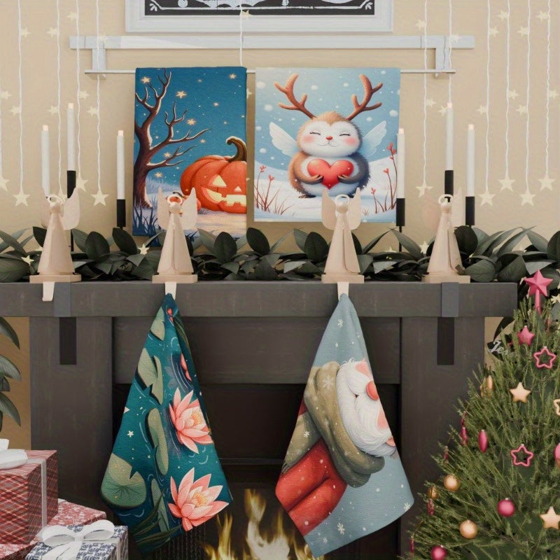 Set of 4 Holiday Kitchen Towels Reindeer Elk Christmas Trees Santa Canvas