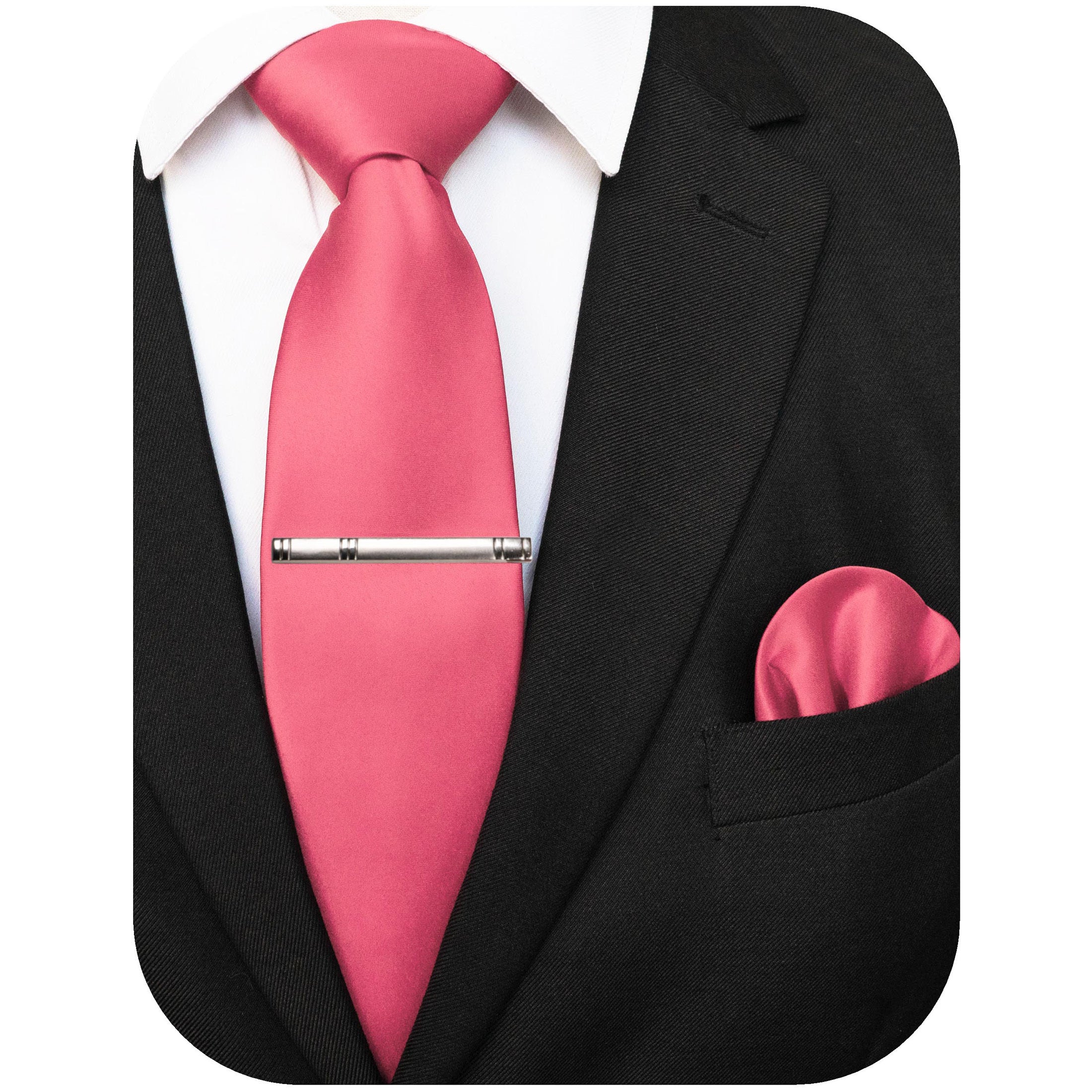 Men's Solid Color Tie and Pocket Square Set with Tie Clip for Business and Wedding