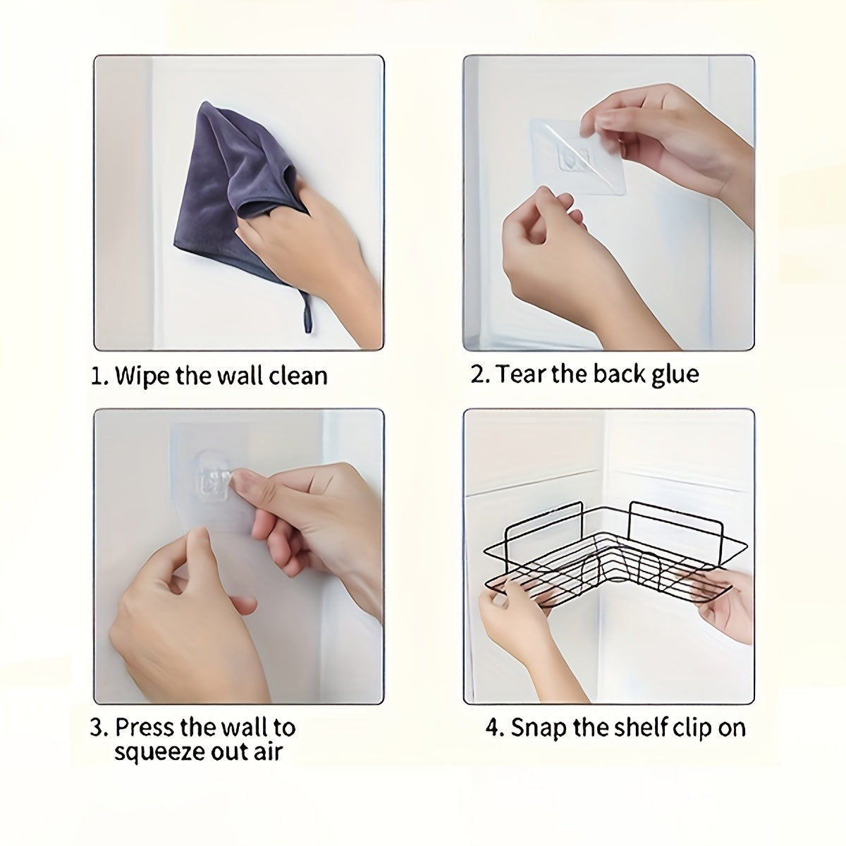 Zinapoyali burchakli dush javoni uchun zanglamaydigan po'latdan yasalgan saqlash tokchasi, oltin quvurlar bilan. Oson o'rnatish uchun muhrlangan stikerlar bilan birga keladi. Oq yoki qora rangda mavjud.