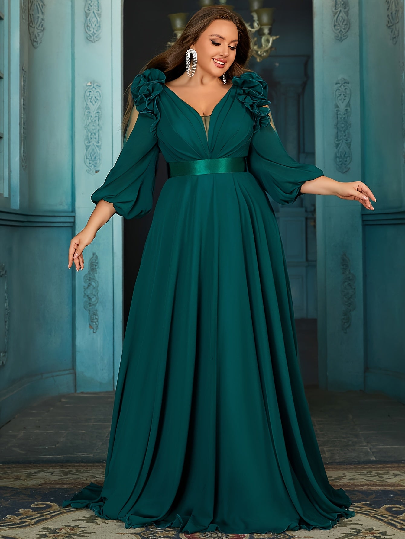 Maroon Maxi Dress for Plus Size V-Neck Lantern Sleeves Pleated Long Casual Semi-Formal