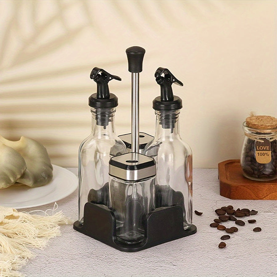 Glass Oil and Vinegar Dispenser Set with Salt and Pepper Shakers and Marble Stand