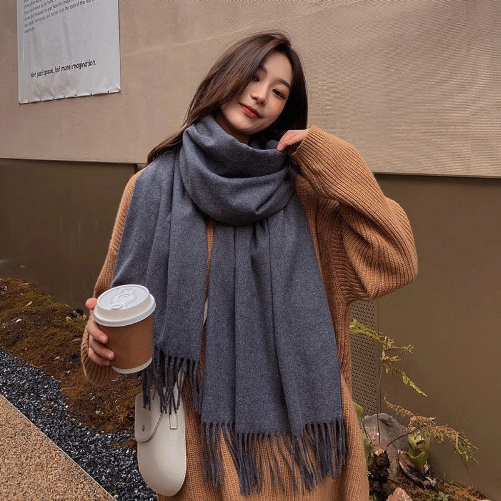 Women Black Tassel Shawl Scarf Thick Plush Wool Feel Double-Sided Cashmere Autumn Winter