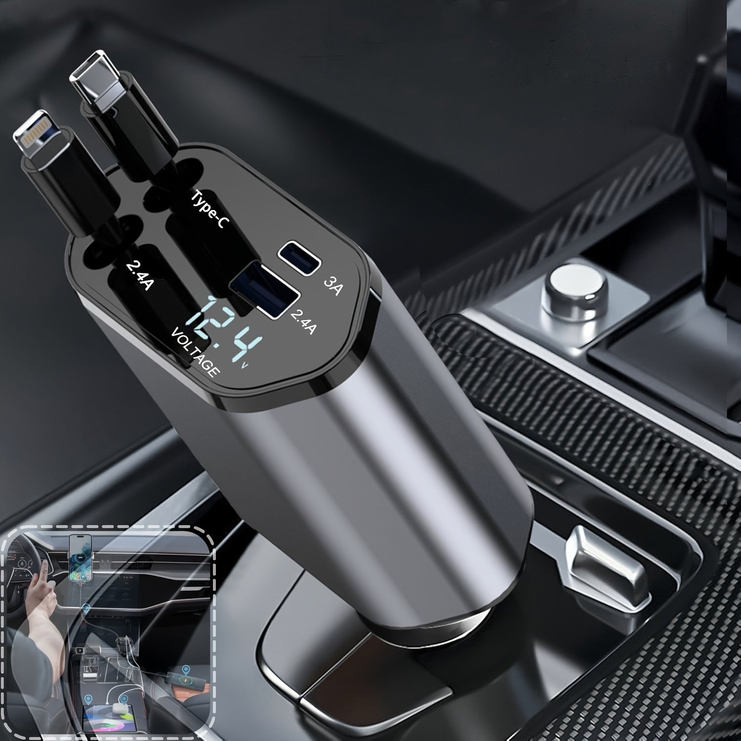 Cargador de coche 4 en 1 con carga rápida de 66W, adaptador de corriente USB C para smartphones