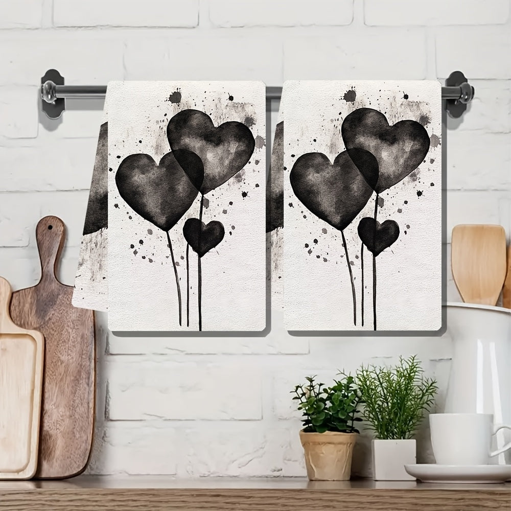 2 Pack Ultra Soft Kitchen Towels Black and White Heart Watercolor 16x24 Inches