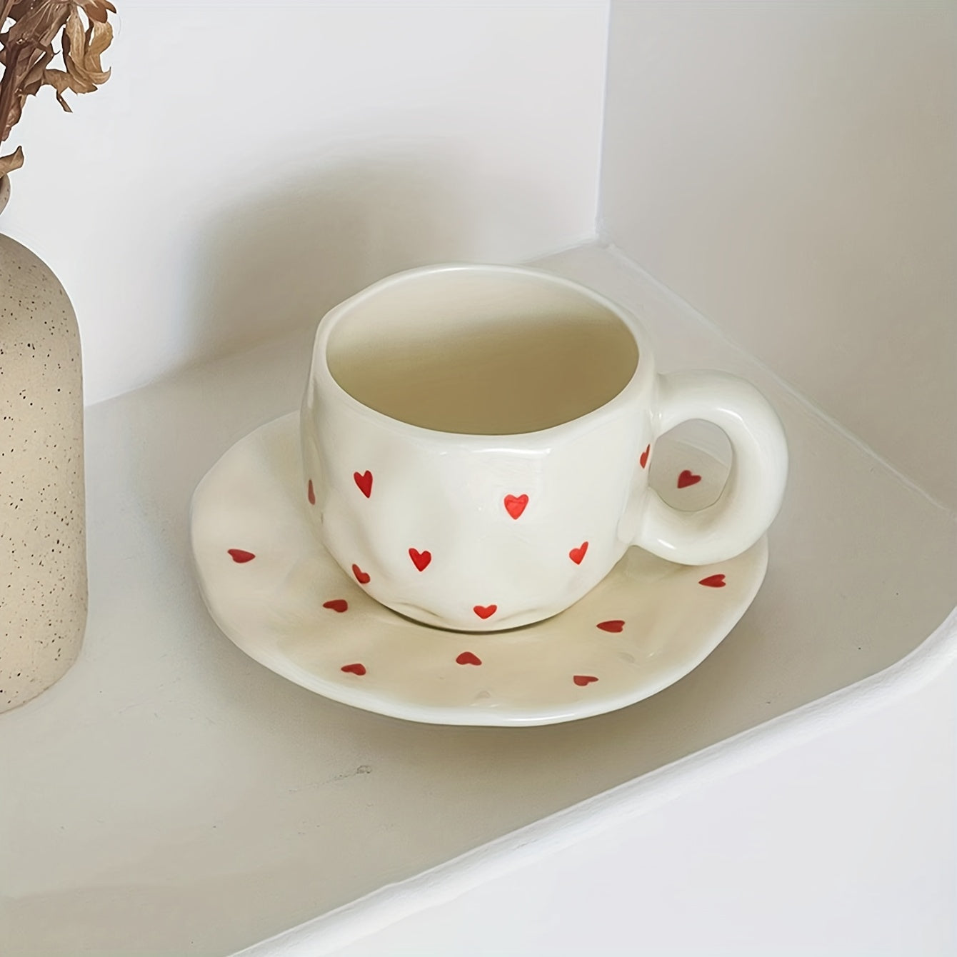 Handcrafted Ceramic Coffee Mug and Saucer Set with Whimsical Patterns Reusable and Recyclable