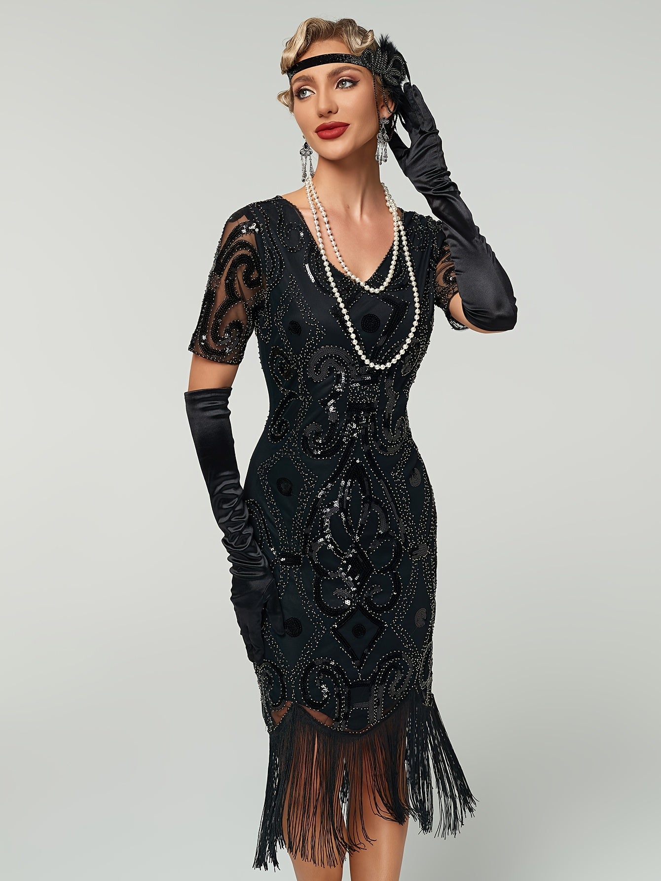 Plus Size 1920s Sequin Gatsby Party Dress Short Sleeve Evening Gown