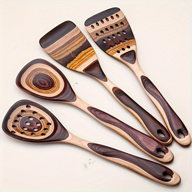 Yog'ochdan yasalgan oshxona asboblari to'plami, Pakkawood qoshig'i va turli oshxona asboblari bilan, ommaviy xarid qilish uchun mavjud.