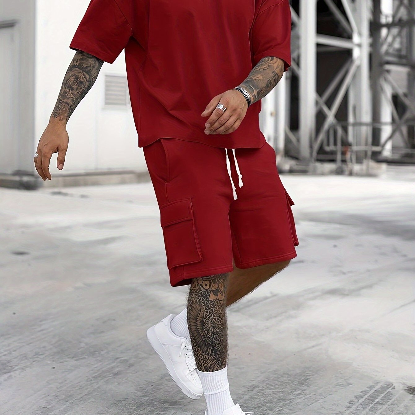 Men's Polyester Casual Sportswear Set T-Shirt and Drawstring Shorts with Pockets