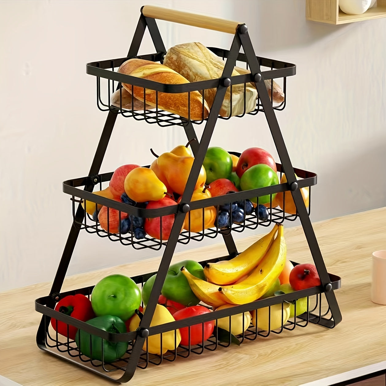 Metal Fruit and Vegetable Basket with Detachable Bowl and Wooden Handle for Kitchen Storage