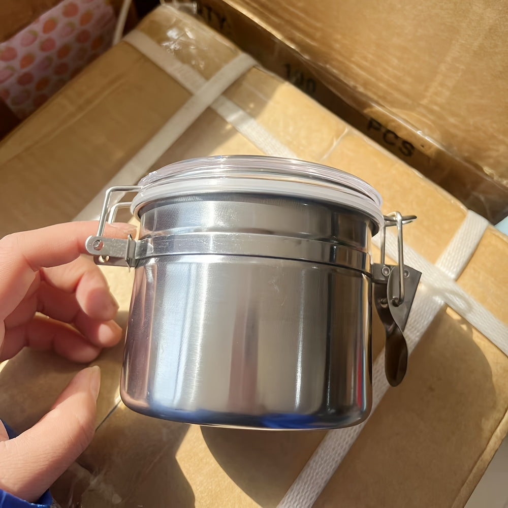 Airtight Stainless Steel Herb Storage Jar with Transparent Lid and Blue Clasp