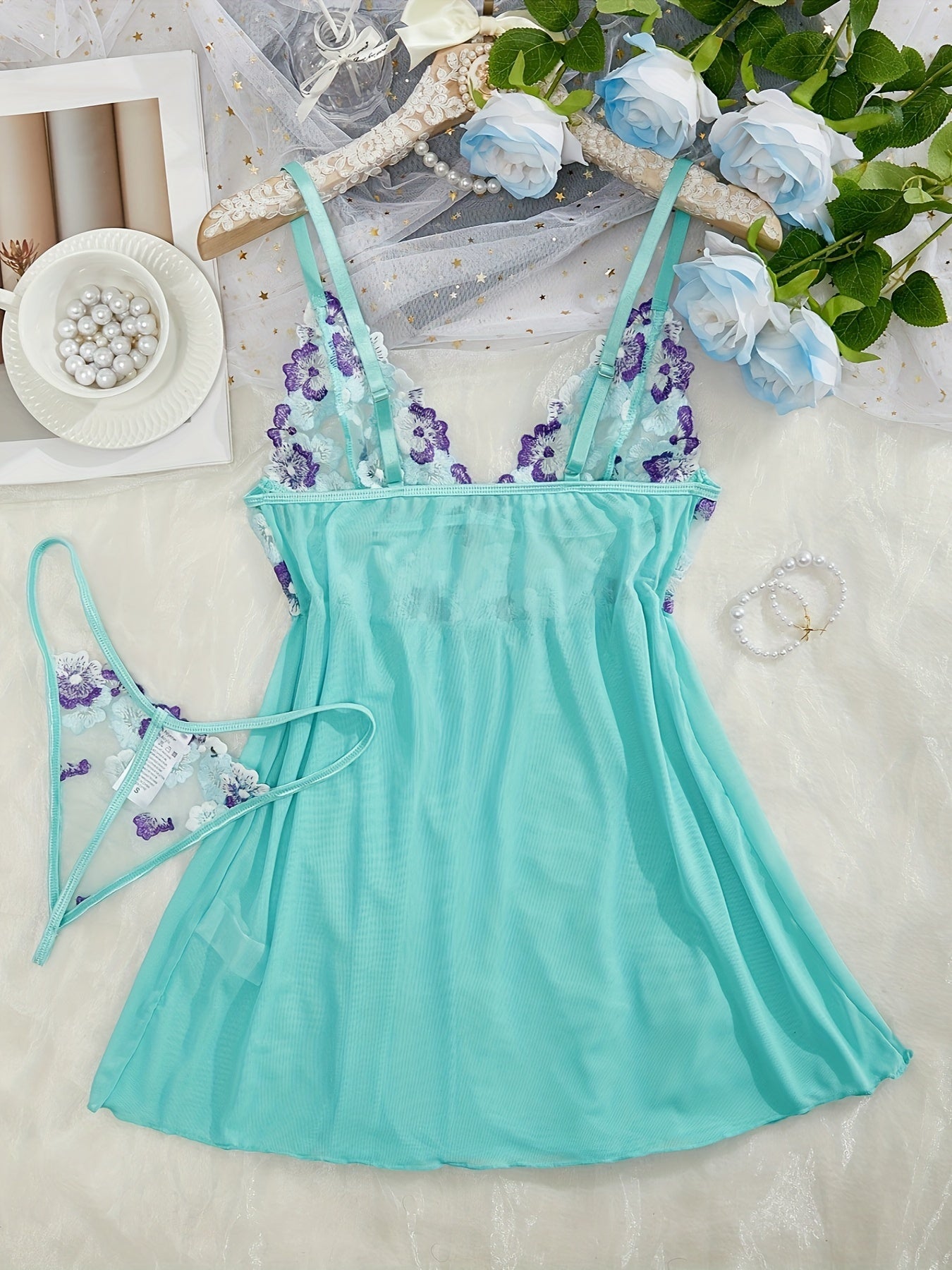 Women's Satin Garter Sleepwear Set with Lace Detailing