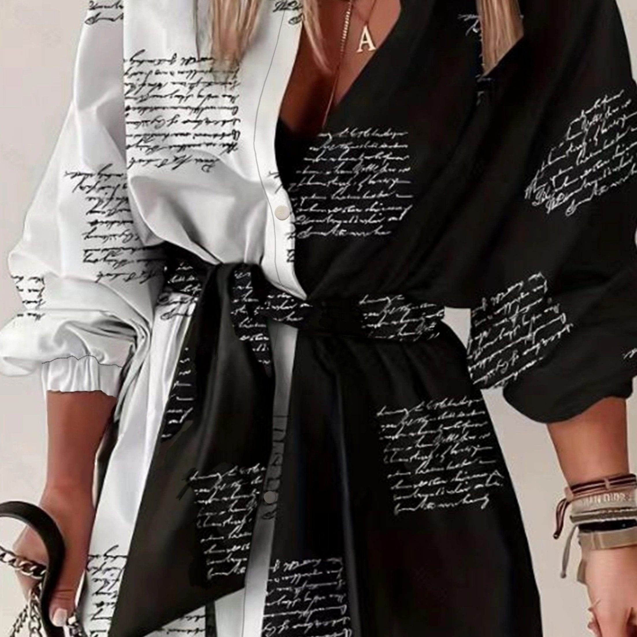 Ayollar uchun belbog'li plussayz rangli blokli ko'ylak. V-yuqori, uzun yeng, harf bosma. Mashinada yuvish mumkin, polyesterdan tayyorlangan. Norasmiy uslub.