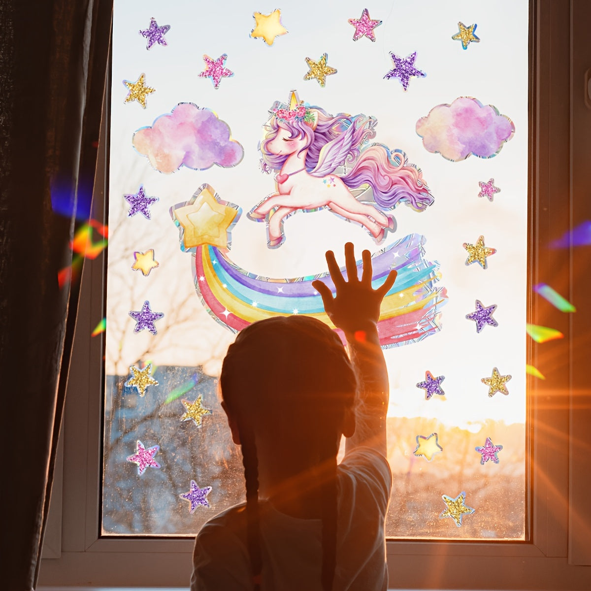 Reusable Rainbow Unicorn and Star Window Clings Matte PVC Static Decals for Glass