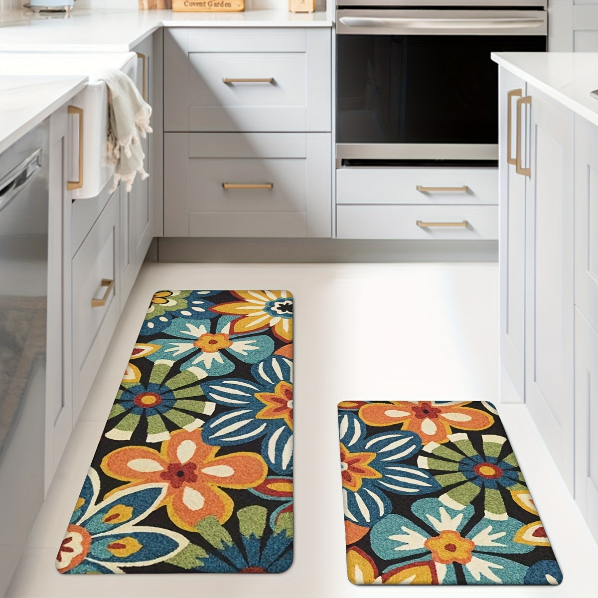 Alfombrillas de cocina con patrón de flores, 2 piezas, antideslizantes, absorbentes, lavables a máquina